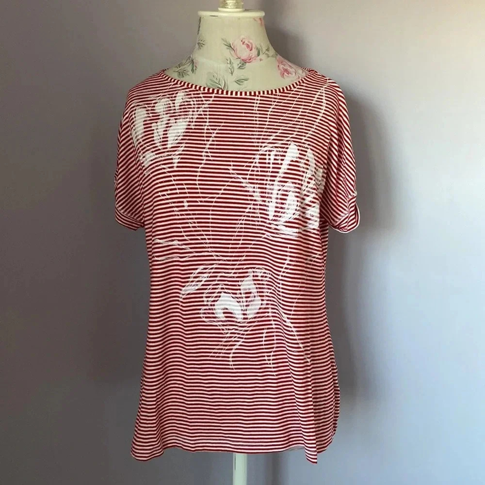 Rebecca G red striped shirt sleeve shirt with print size large